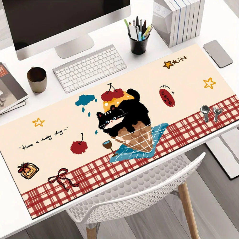 Large Cute Black Cat Ice Cream Mouse Pad, Extended Non-Slip Gaming Desk Mat, Waterproof Keyboard Pad