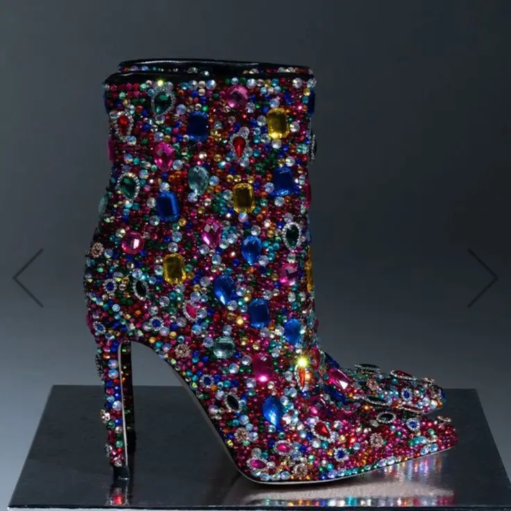 

European Color Blocked Luxury Rhinestone Fashionable Ankle Pointed Slope Heel Winter Boots Ankle Boots