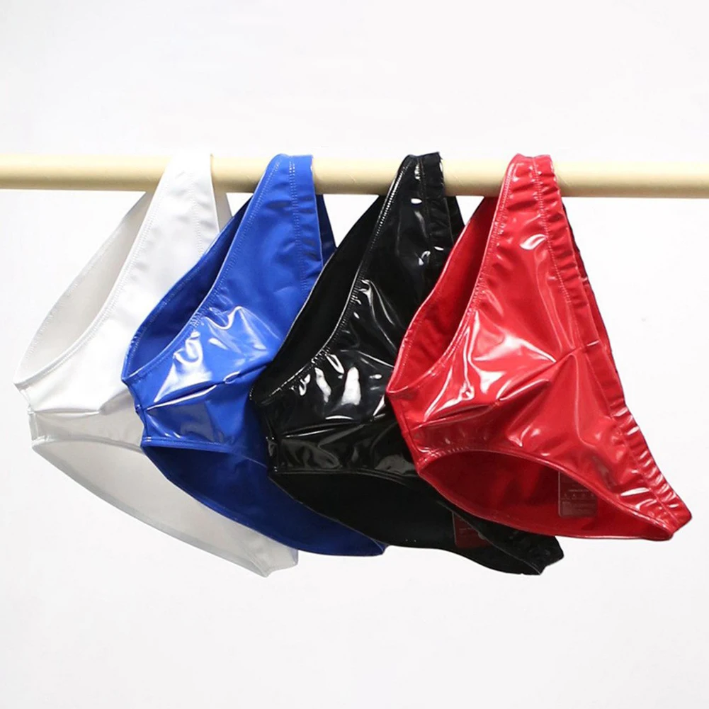 Men Sex Faux Latex Brief Glossy Patent Leather Package Hip Gay Underwear Lingeri  Smooth Thongs Candy Color Thong T-Back