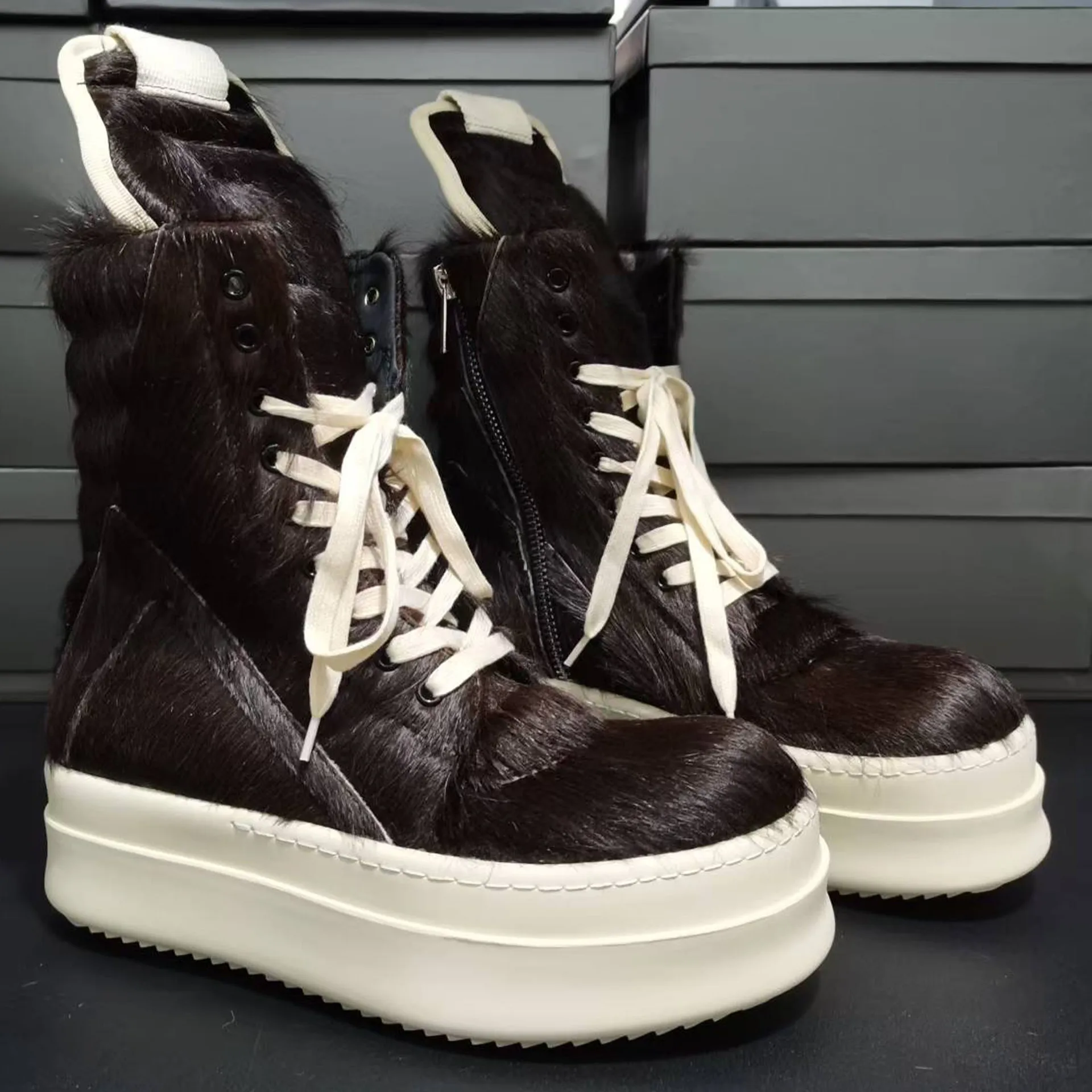 White Coffee Horsehair High Top Sneakers for Men and Women Casual Shoes Trend Lace Up Zippers Platform Flats Short Boots Unisex
