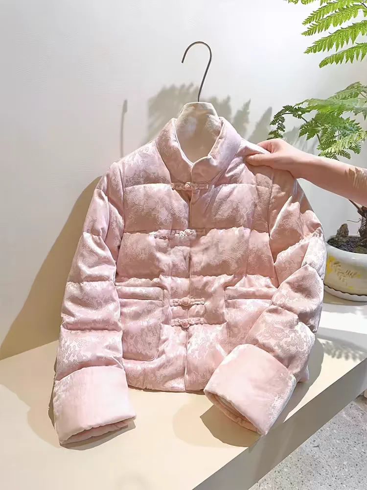 Pink down Cotton Jacket Women's Winter Chinese Style High End Luxury Beautiful Embroidery Button Tang Suit Short Fluffy Coat