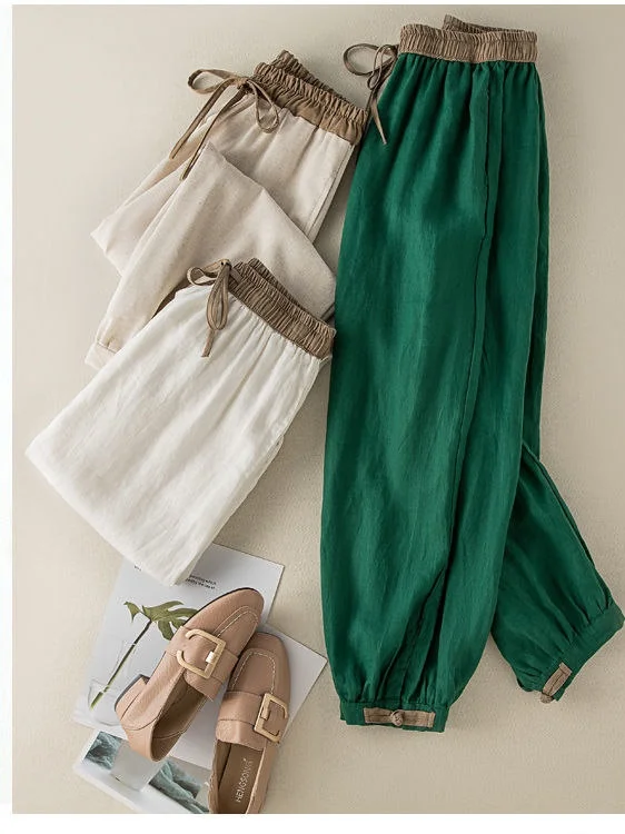 Cotton Linen Harem Casual Pants Women's Summer New Button Splice Color Belted Elastic Waist Slimming Cuffed Nine Point Pants