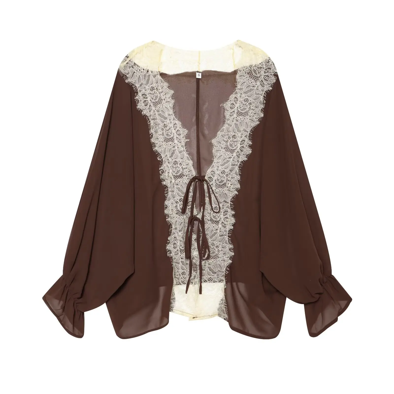 Lace Patchwork Crop Top Lantern Sleeve Sheer Blouse Elegant Style for Women - Coffee