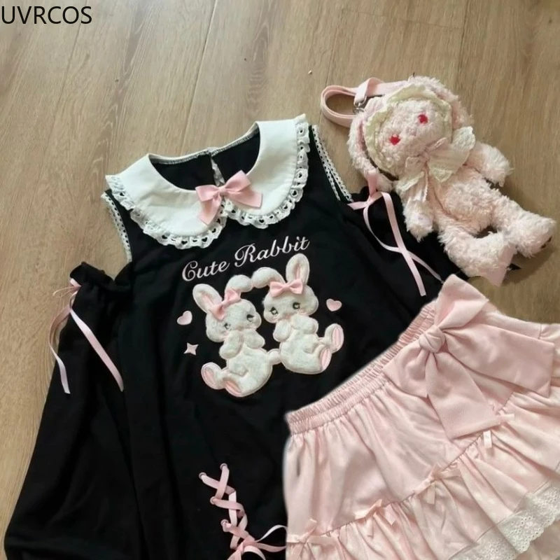 اليابانية الحلو لوليتا 2 قطعة مجموعات النساء لطيف القوس الكرتون الأرنب قبالة الكتف تي شيرت الوردي كعكة التنانير الصغيرة Kawaii Y2k وتتسابق #6