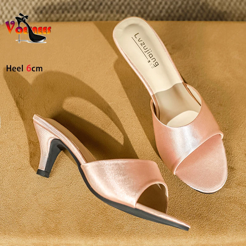 6CM Simple Style Women Slippers Red Silk Stiletto Heels Summer Outdoors High Heeled Sandals Comfortable Party Ladies Shoes Mules