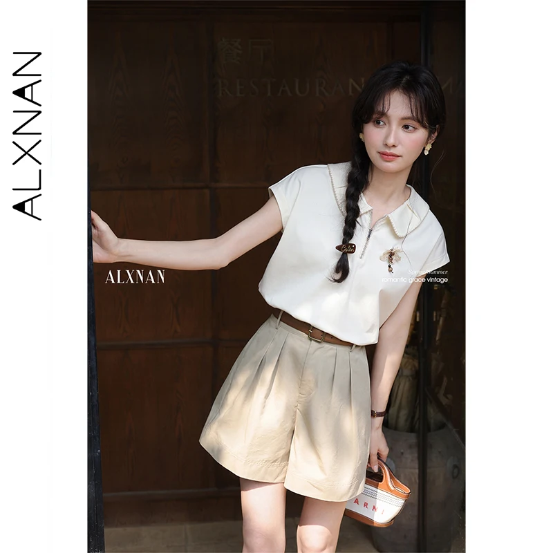 ALXNAN T-Shirt mit Polokragen, kurzärmelig, Baumwolle, Damen-T-Shirt, 2025, elegantes 3D-Blumen-Reißverschluss-Design, lässige Oberteile, Damen, L55210