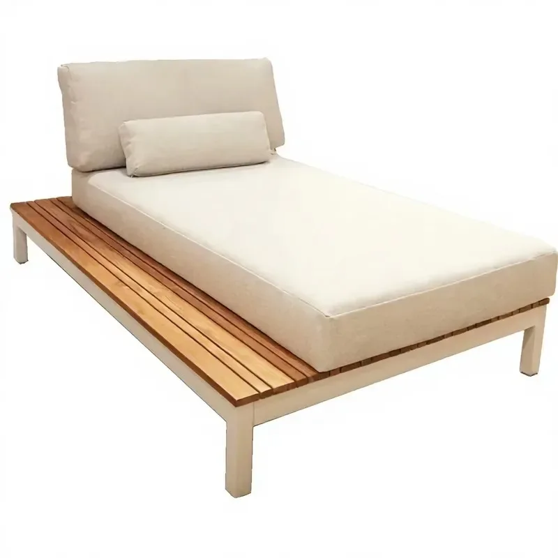 Simple Outdoor Beach Chair with Wooden Frame and Beige Cushion Solid Backrest Non Foldable for Hard Floors