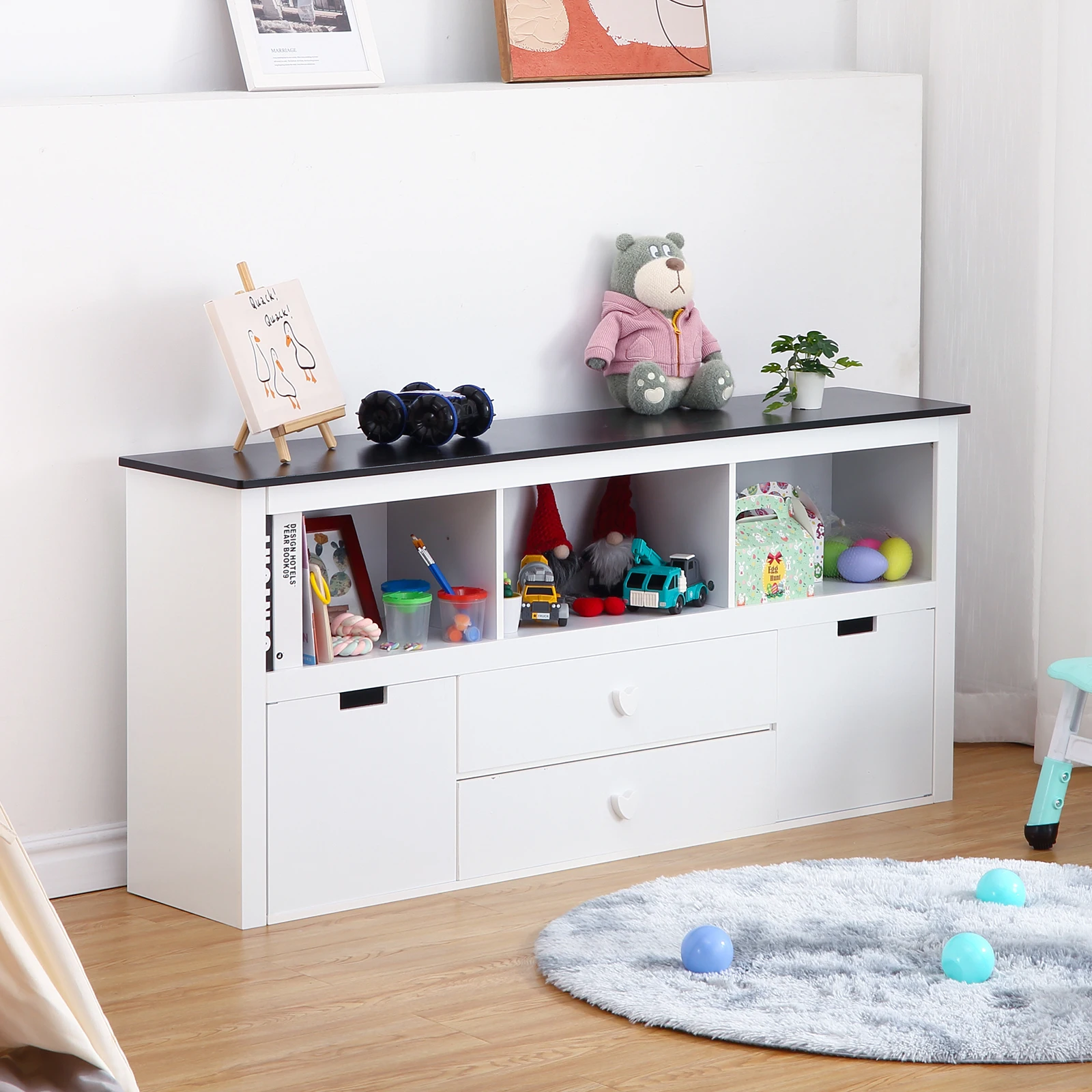 

Kids Bookshelf and Toy Storage with Movable Drawers & Blackboard Top - White Organizer for Bedroom Playroom Nursery Kindergarden