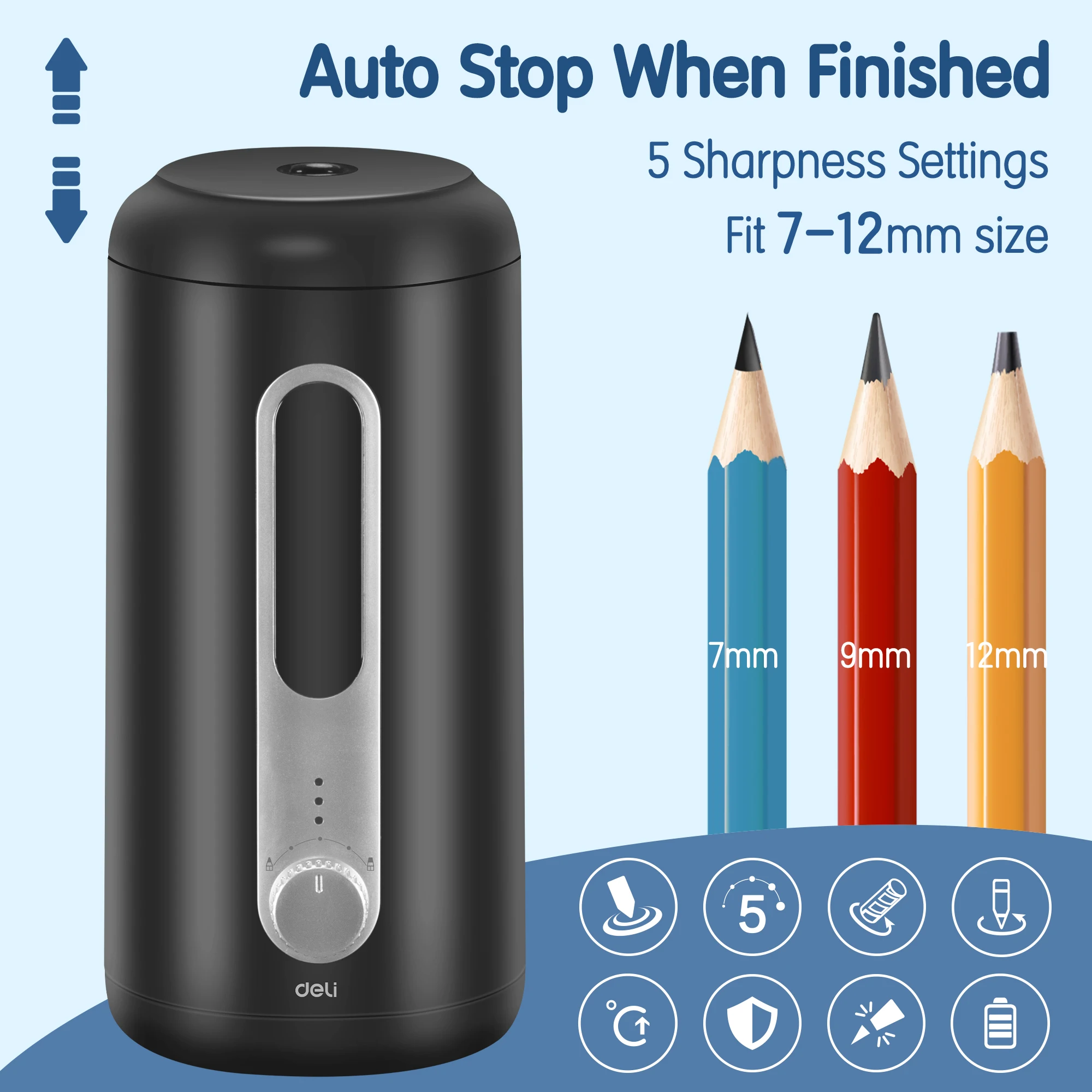 Deli Electric Pencil Sharpener for Colored Pencils 7-12mm, Fully Automatic Pencil Sharpener, Auto in & Out, Large Pencils/Office