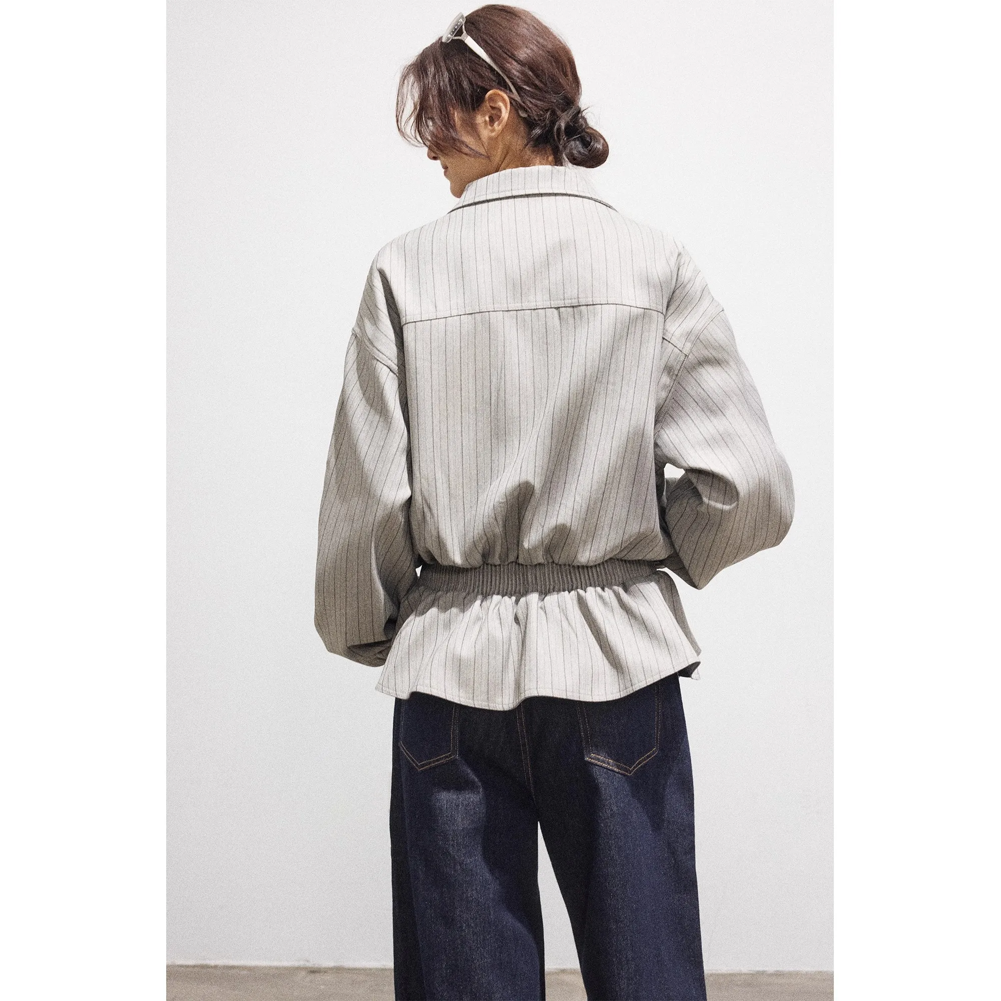 Gestreept jack met trekkoord met kraag, jack met opstaande ritssluiting, casual top voor woon-werkverkeer, herfst