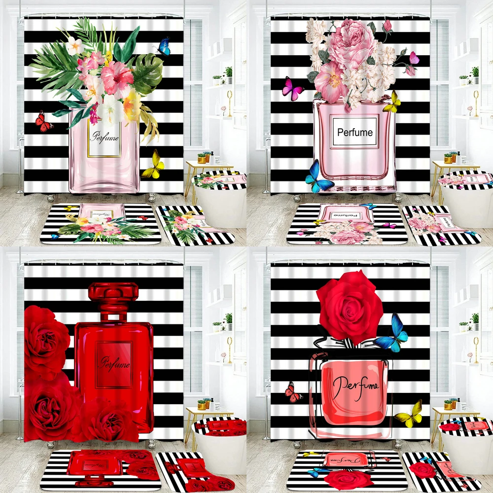 

Fashion Perfume Flowers Girl Shower Curtain Waterproof Fabric Bathroom Curtains Set Bath Mats Toilet Lid Cover Non Slip Rugs