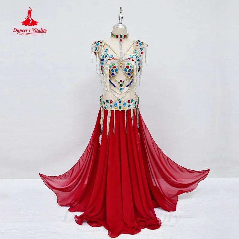 

Bellydance Clothing Women Customized Luxury Rhinestone Bra+senior Chiffon Long Skirt 2pcs Oriental Dance Performance Costumes