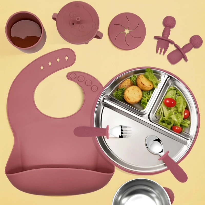 

Детская посуда, набор из десяти предметов, набор обеденных тарелок из нержавеющей стали 304, миска для детского прикорма, набор нагрудников для еды