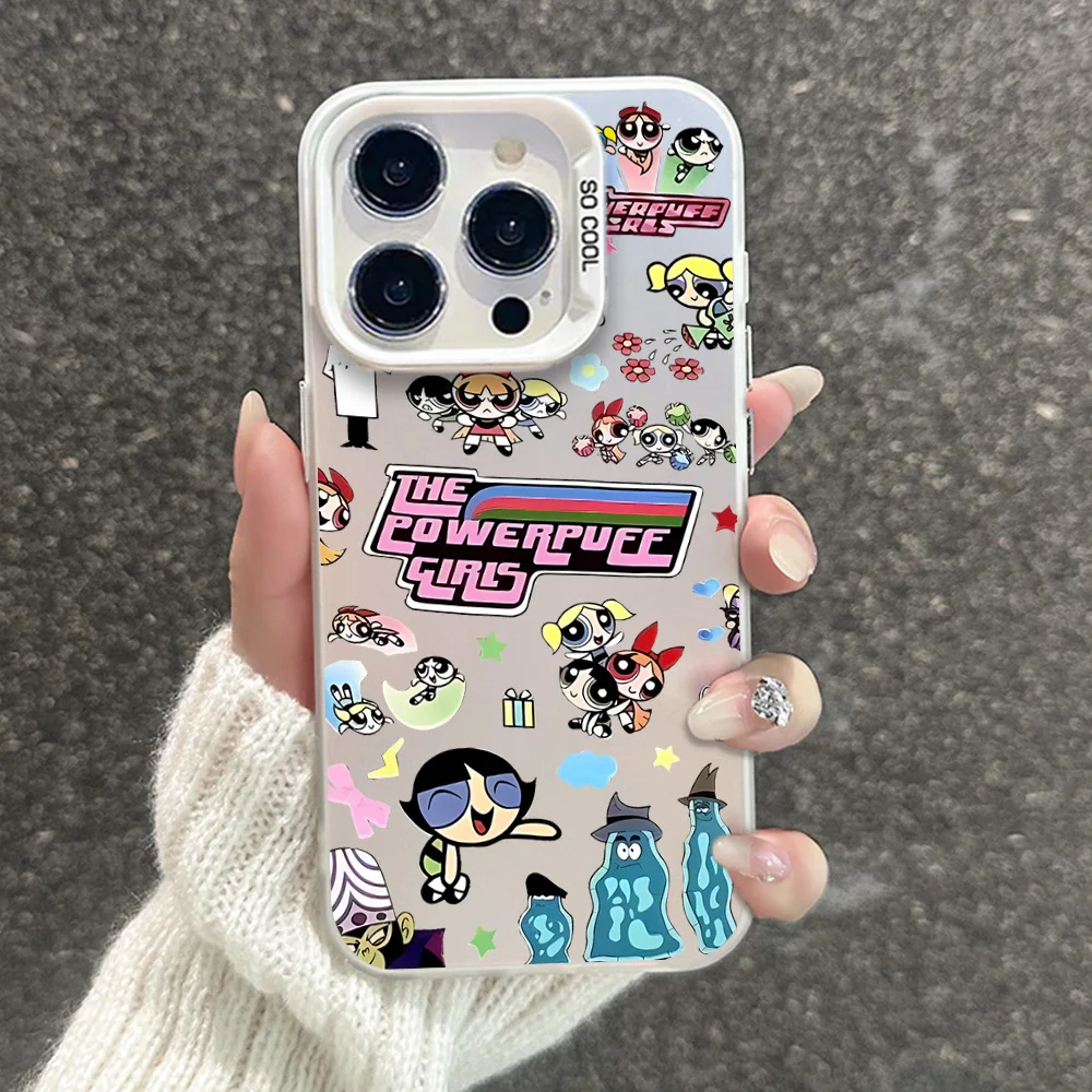 Cartoon The P-Powerpuff Girls Phone Case For iphone11 12 13 14 15 16 Pro Max Plus  fashion laser colorful silver IMD cover