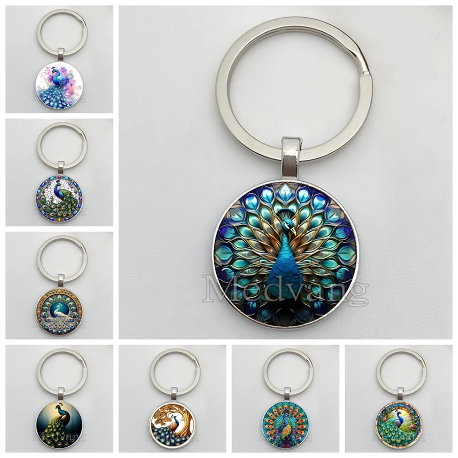 Beautiful Colorful Peacock Keychain Charm Peacock Pattern Glass Dome Keyring Jewelry for Women