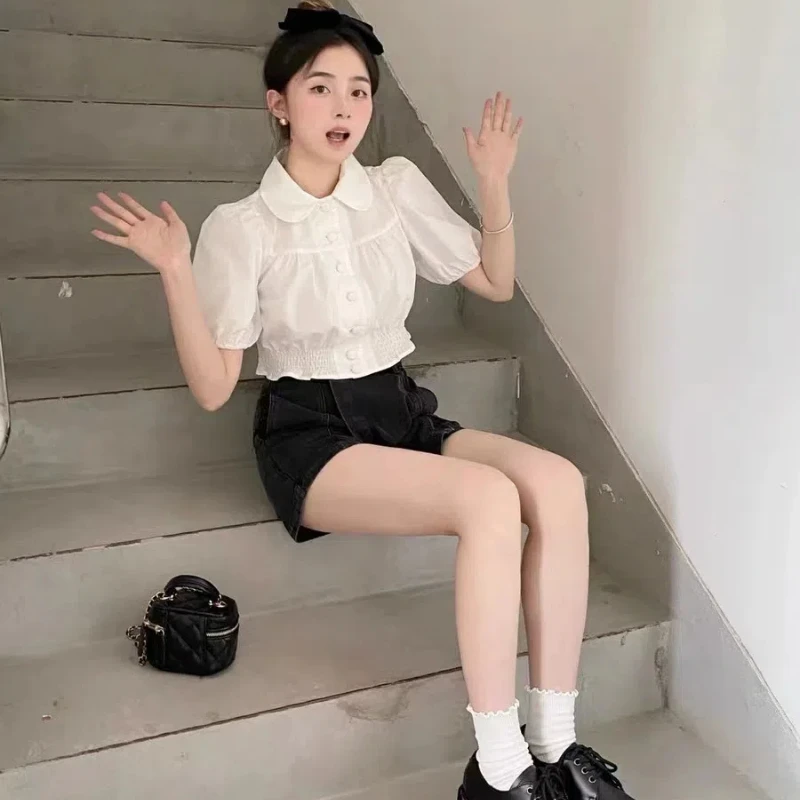 Youth Sweet Style Peter Pan Collar Shirt Korean Fashion Chic Short Tops Y2K Casual Female All Match Puff Sleeve Shirt Summer New