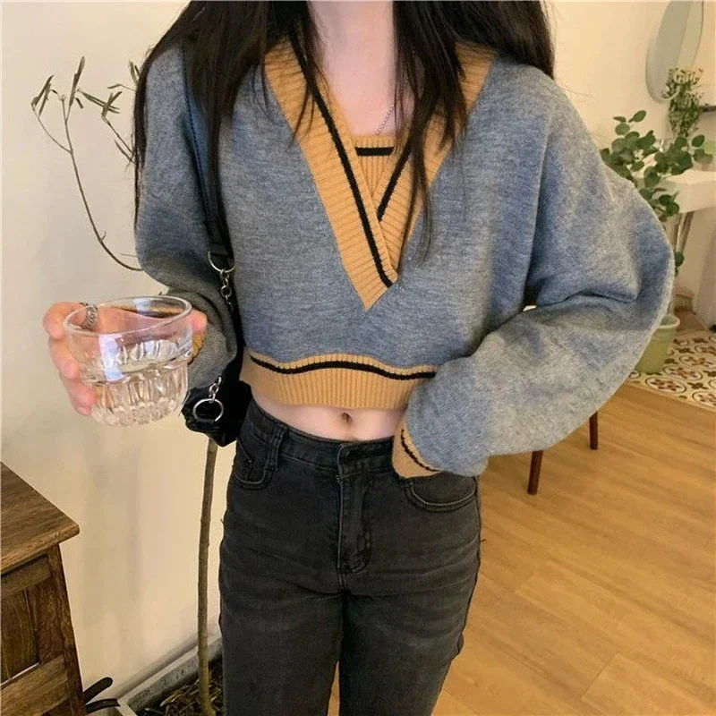 MEXZT Retro V Neck Sweaters Women Patchwork Cropped Pullovers Streetwear Korean Fashion Loose Casual Long Sleeve Jumpers Tops