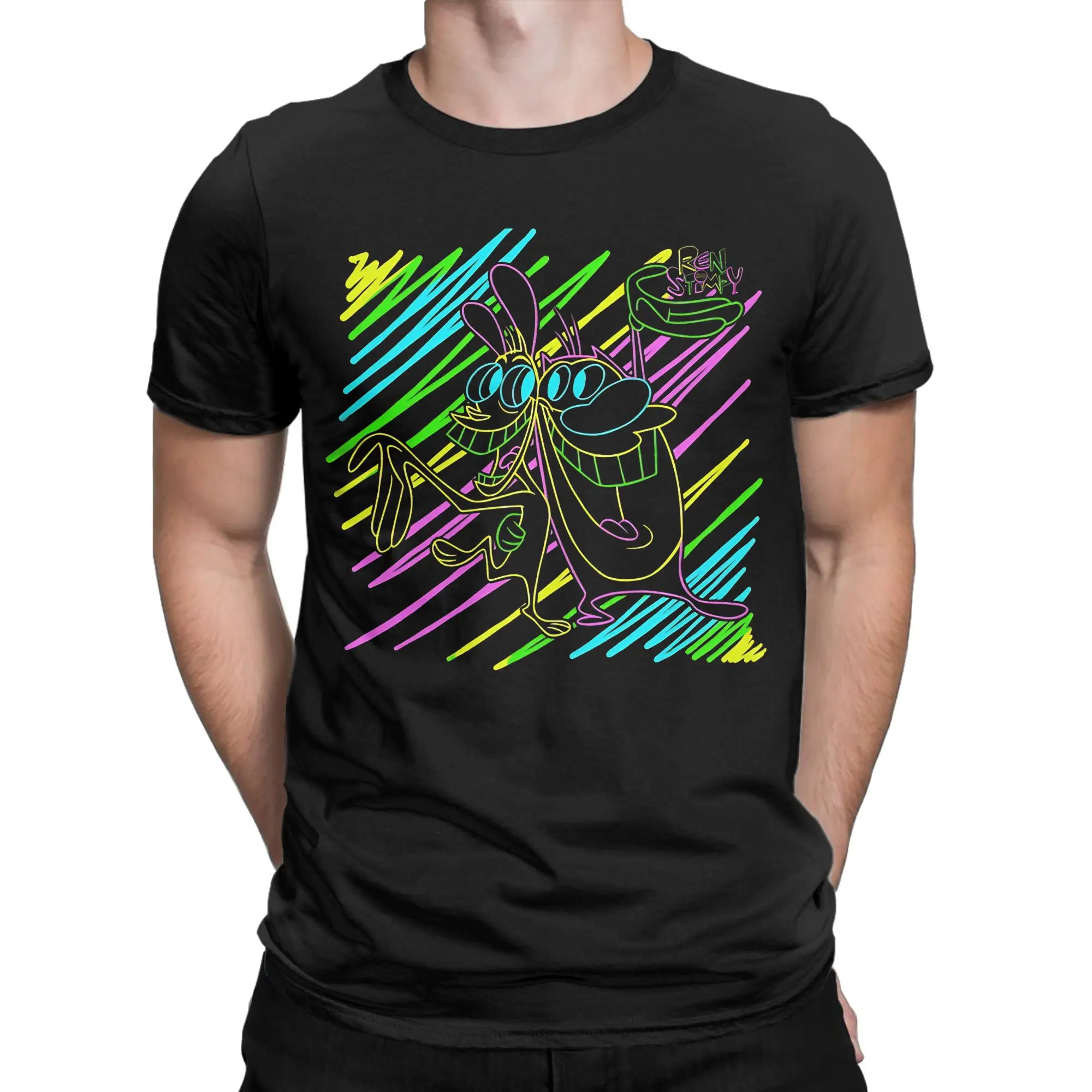 Retro Neon Line Art Logo Graphic 100% Cotton T-Shirt R-Ren & Stimpy Tops Tees For Men