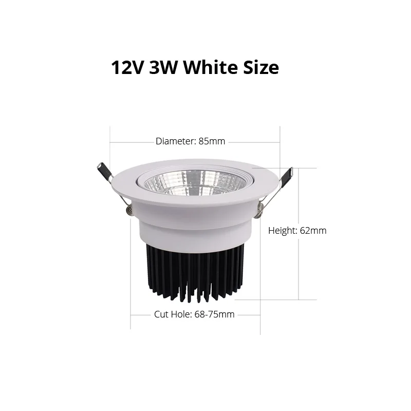 12V 3W COB Spot LED Downlight for Cabinet Ceiling Lighting 270-330lm Aluminum Cut Out Hole 68-75mm