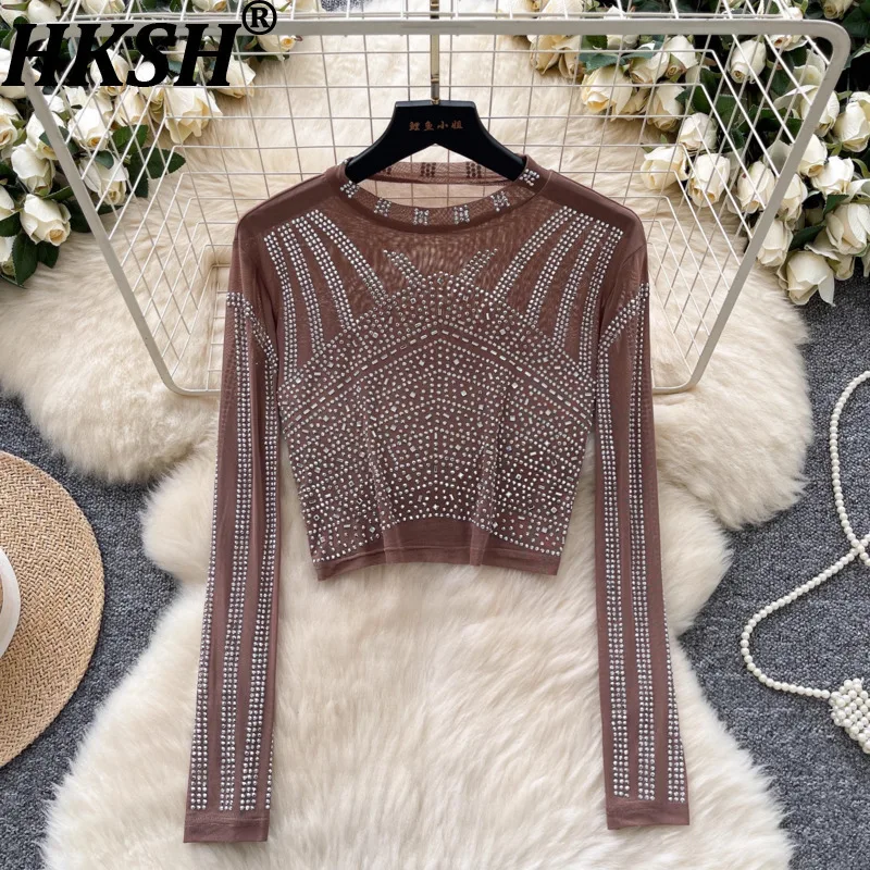 

HKSH Spring Autumn New Women Short T-shirt O-Neck Long Sleeves Heavy Craft Studded Diamonds Sheer Sexy Tee High-end Tops HK16451