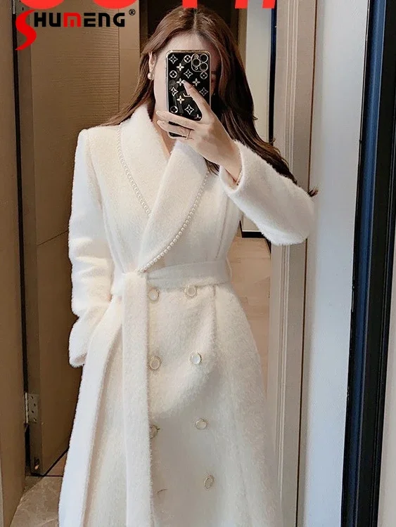

Women's Clothes 2023 Autumn Winter Fashion Beaded Sweet Lace-up Slim Fit Woolen Coat Elegant Office Lady Feminine Long Jacket