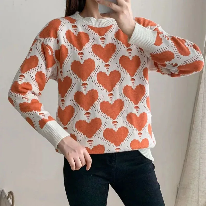 New Autumn/Winter Fashion Korean Edition Colorblock Love Jacquard Round Neck Loose and Versatile Western Women's Knitted Sweater