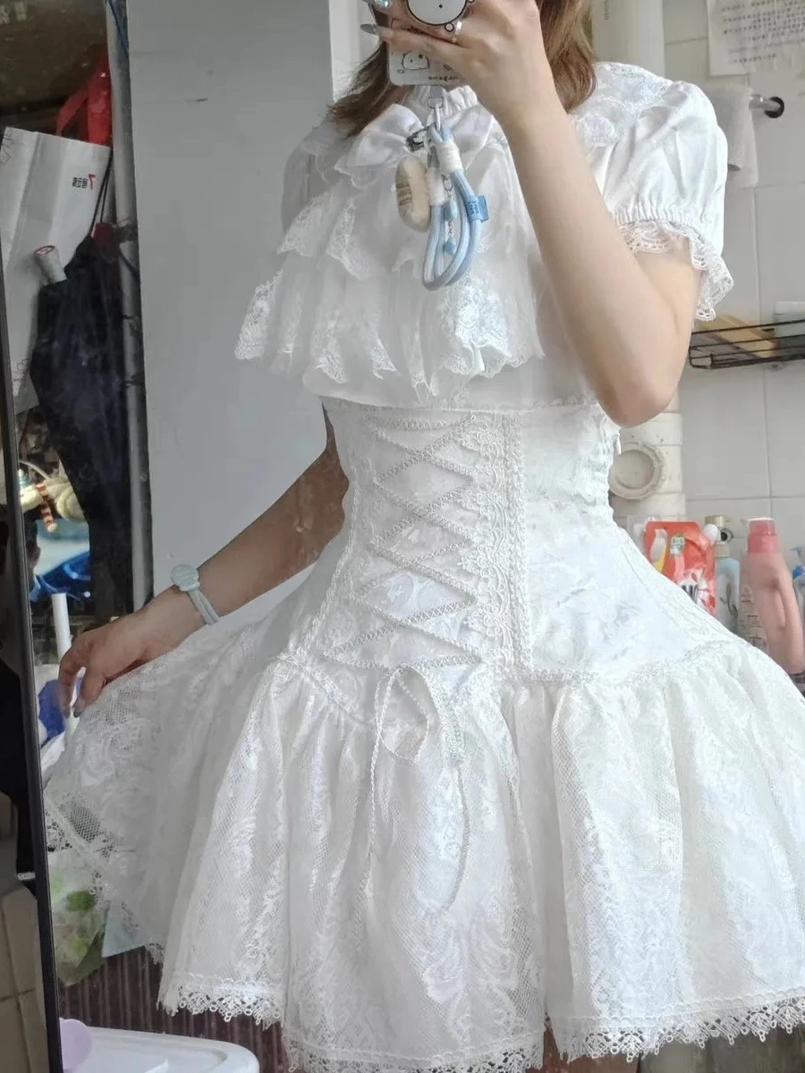 

Lolita Culture Cute Color Women's irt ort Sve High Waist Skirt Dr with Lace Trim Winter Faion Set Two Pieces