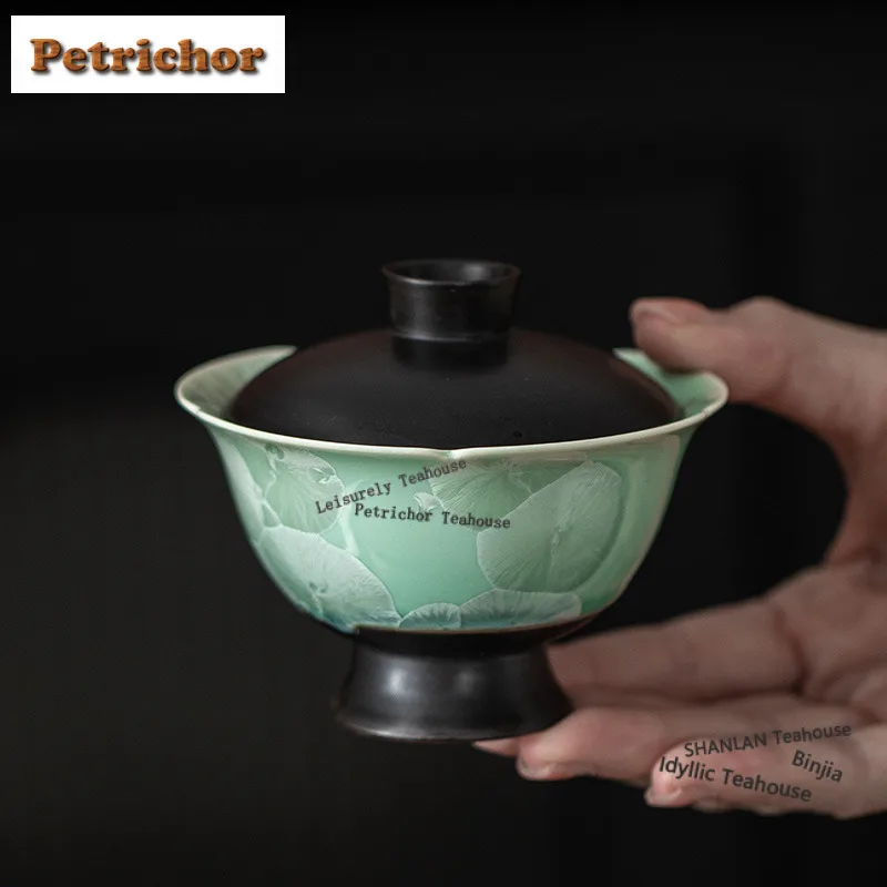 

100ML Kiln Fambe Ice Flower Crystal High Foot Gaiwan Handmade Tea Tureen Tea Bowl With Lid Kit Tea Making Cover Bowl Teaset Gift