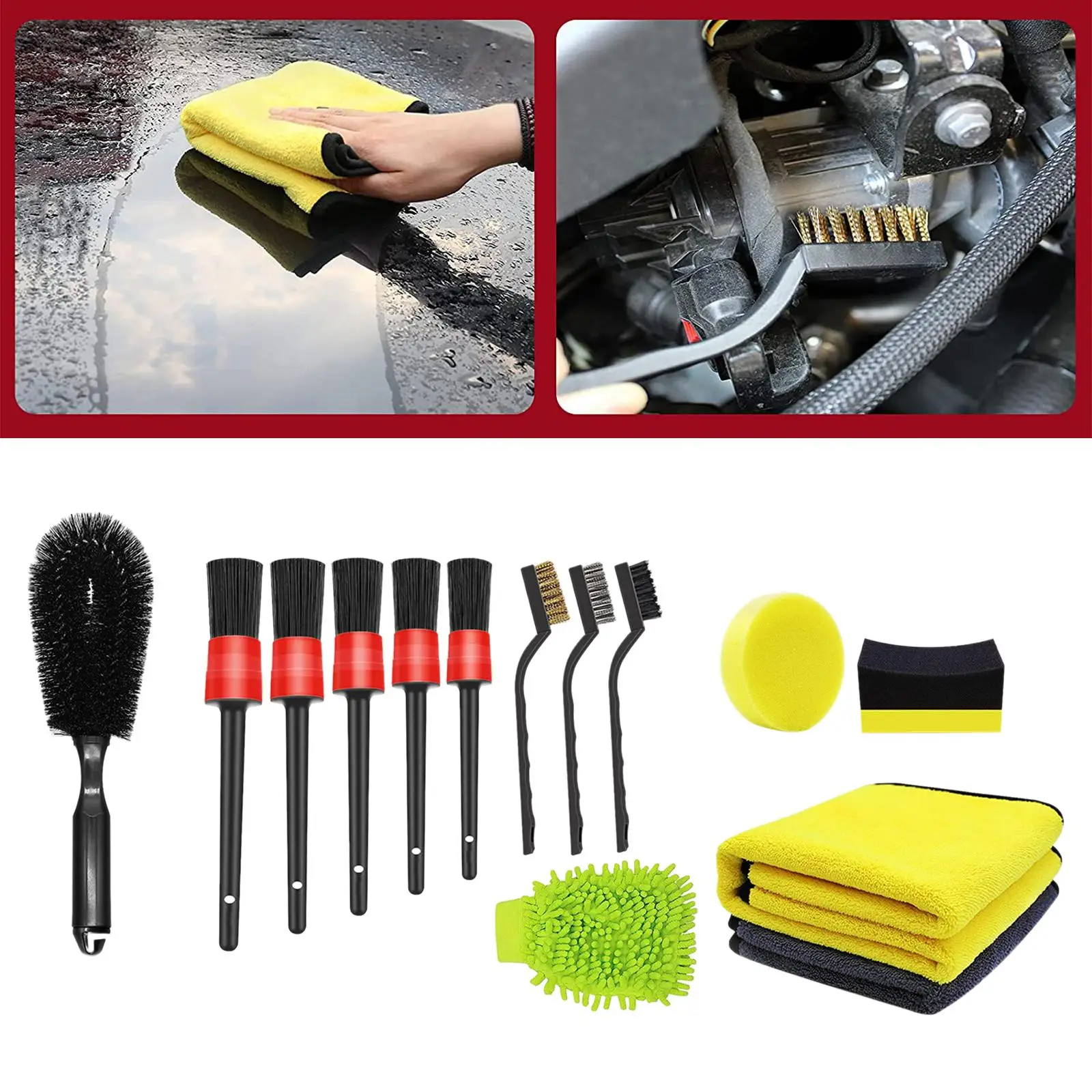 Kit de cepillo para detalles de neumáticos de rueda de coche automotriz, uso húmedo y seco, 14 unidades