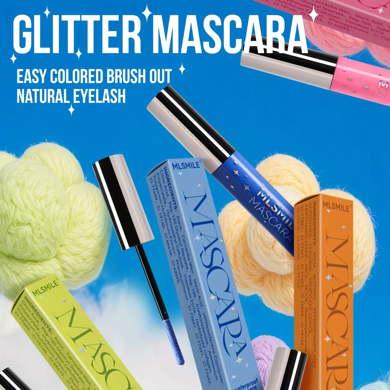 Colorful Glitter Mascara, Waterproof Long Lasting Thickening Lengthening Anti-Smudge Mascara, Tint Rich Color Sparkly Mascara