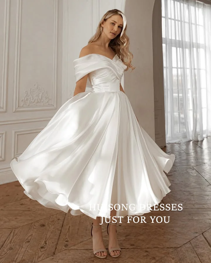 

HUISONG Customized Midi Satin Wedding Dress Off Shoulder A-Line Tea-Length Beach Civil Bridal Gown suknia ślubna