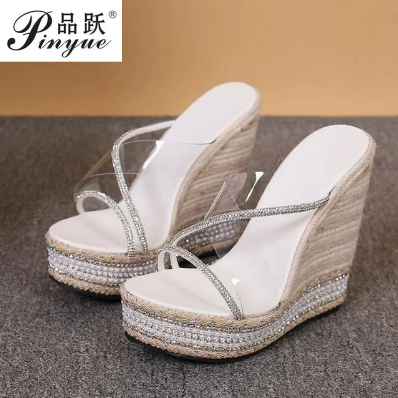 

Women Wedges Shoes For Fashion Open Toe PVC Crystal Platform High Heels Modern Slippers Female Sandal 34-42