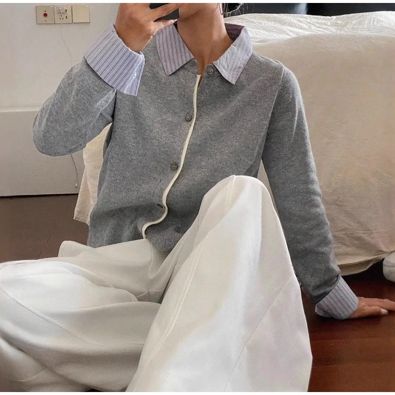 2025 Women's Gray Polo Collar Fake Two-piece Knitted Cardigan Autumn Design Top