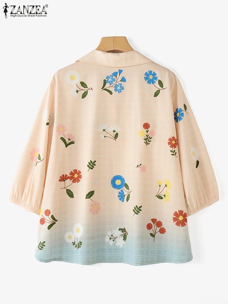 ZANZEA Women Blouse Floral Print Casual Shirts 2025 Autumn 3/4 Sleeve Lapel Pullovers Gradient Elegant Office Korean Blusas Tops