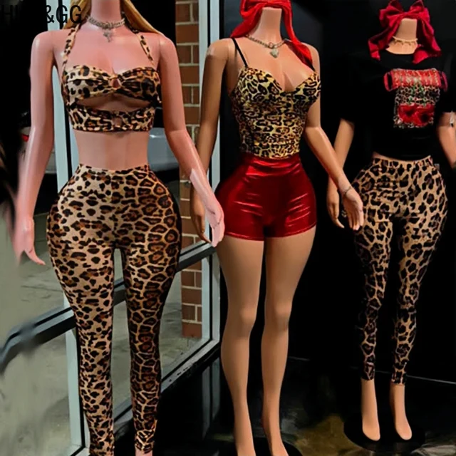 HLJ&GG Sexy Hollow Bandage Leopard Print Two Piece Sets Women Halter Lace Up Crop Top And Skinny Pants Outfit Fashion Streetwear