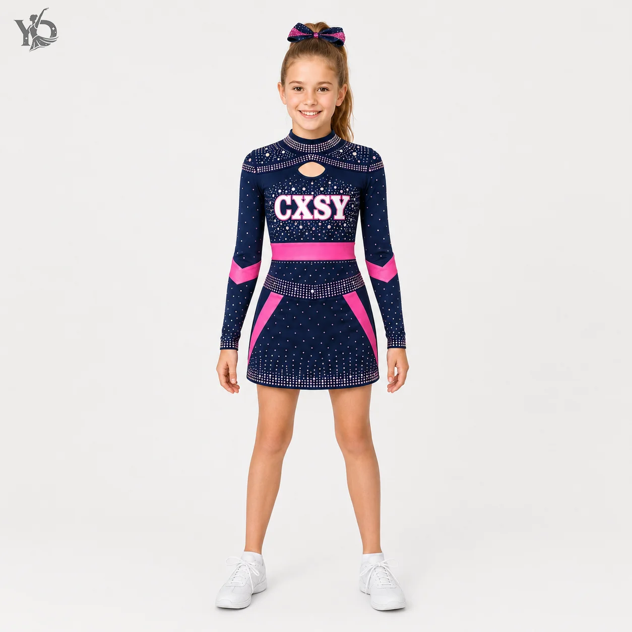 Girls Navy Pink Rhinestone Cheerleading Dress Long Sleeve Mock Neck Keyhole Sparkly Competition Team Performance Costume Uniform