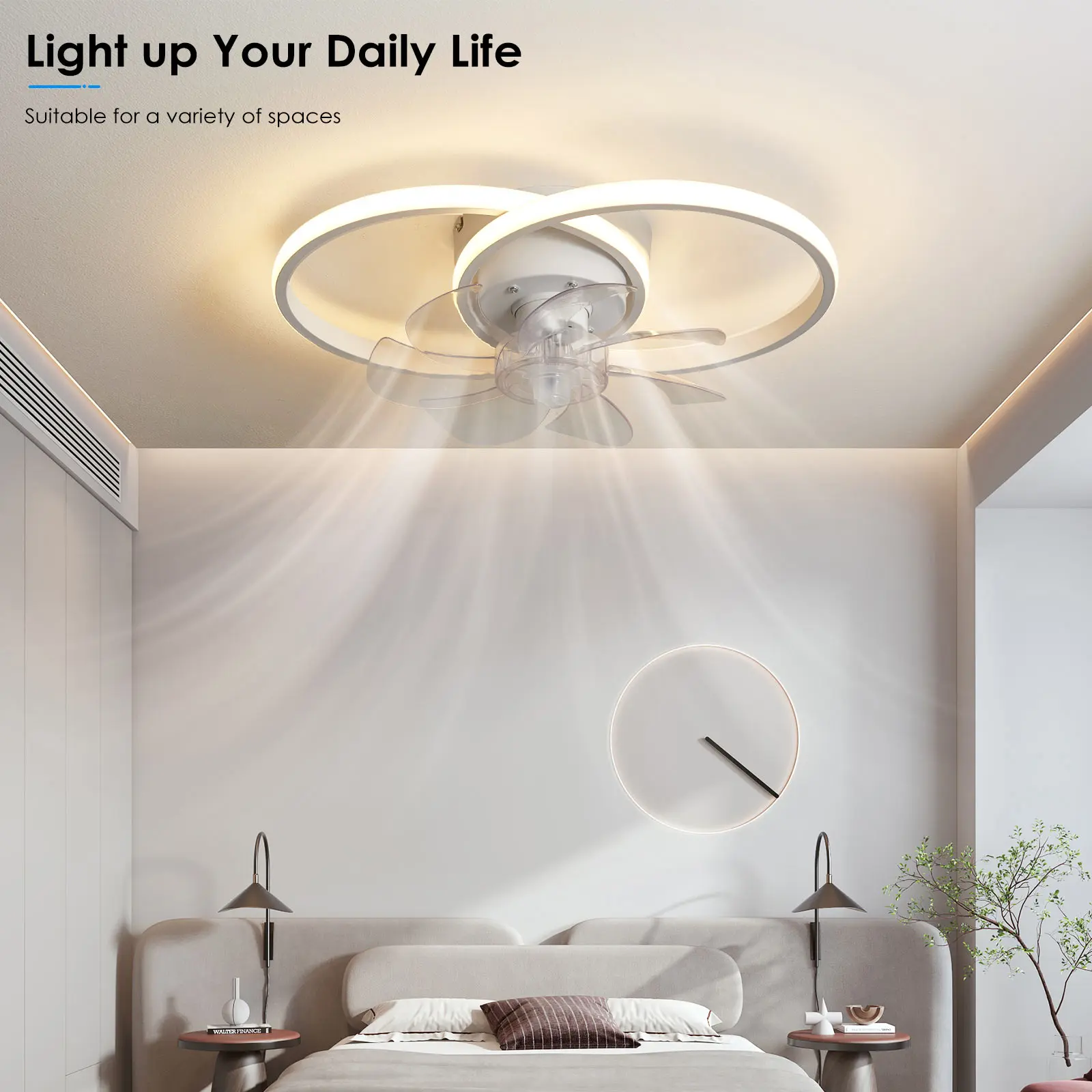 Ceiling Fan With Light Smart APP+Remote Control Living Room Dining Room DC Motor 6 Speeds 52CM Fan Lighting White Black Fan Lamp