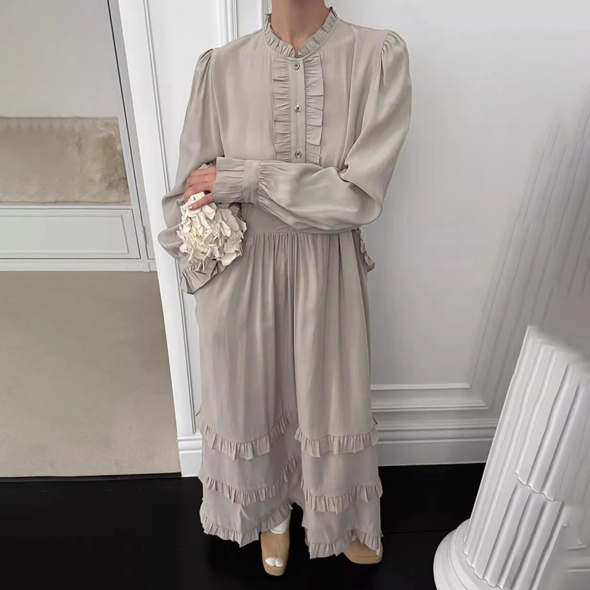 KWTX 2025 Vestido maxi feminino elegante em camadas com gola alta e babados em camadas vintage chique luxo cor sólida outono casual