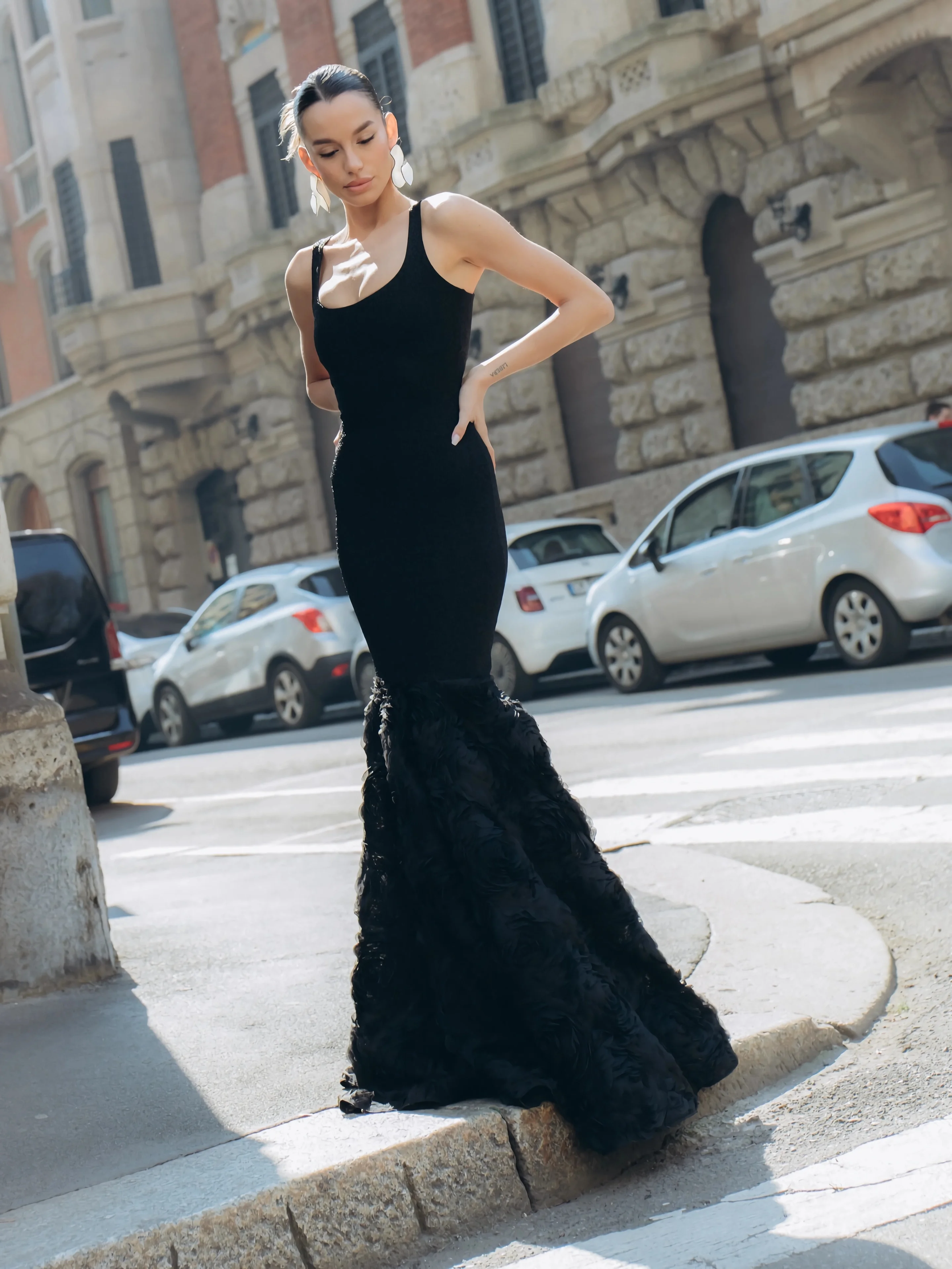 Sexy Sleeveless Black Evening Dress Women Sparkly Slim Party Gown Elegant Floral Skirt Mermaid Prom Wedding Guest Outfit