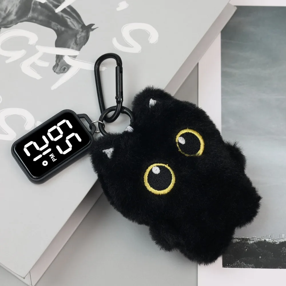 

Black Cat Pendant Electronic Hanging Watch Digital Display Waterproof Keychain Pocket Watch Carabiner LED Luminous Watches