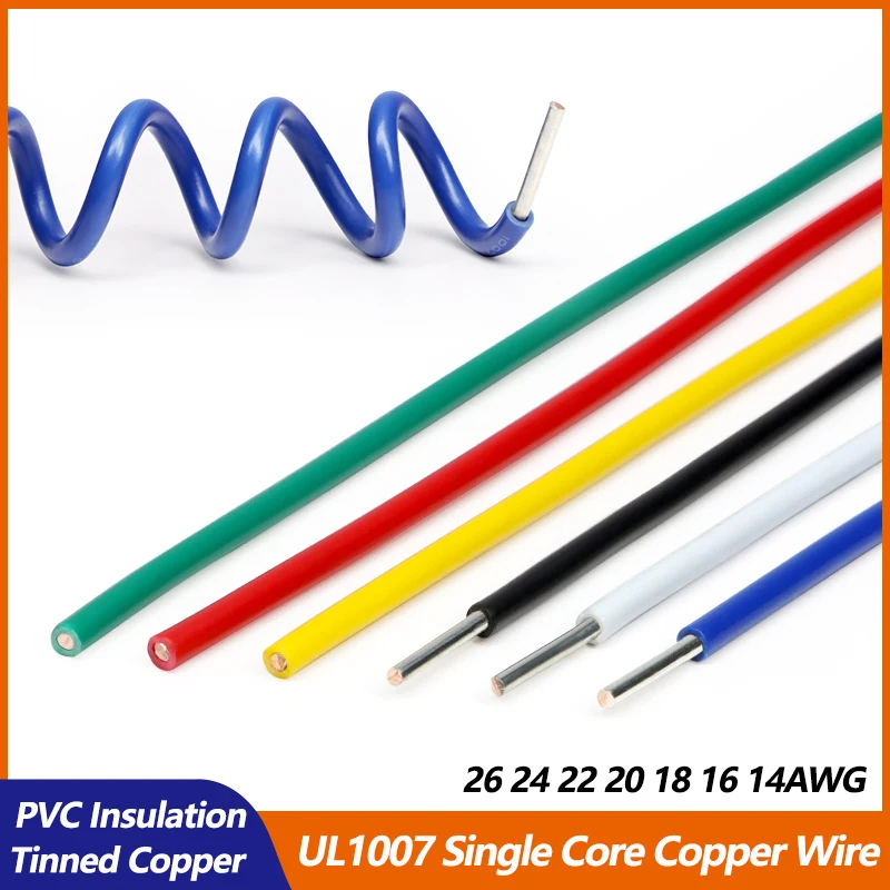 

UL1007 Single Core Copper Wire 26 24 22 20 18 16 14AWG PVC Insulation Solid Tinned Plating LED Line DIY Equipment Electric Cable