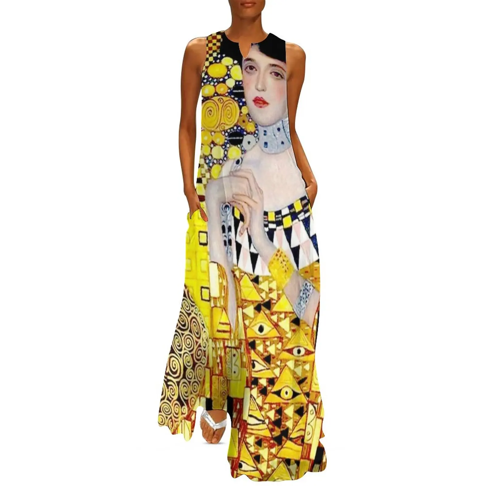 Gustav Klimt Dress Lady in Gold Portrait Vintage Maxi Dress Street Wear Boho Beach Long Dresses V Neck Graphic Oversized Clothes