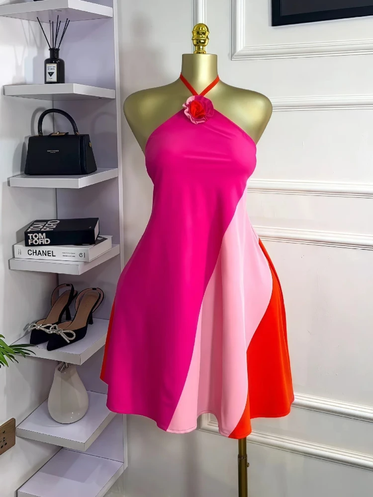 Women Colorblock Halter Neck Backless Floral Applique A-line Mini Dress 2025 Summer Vacation Birthday Sexy Party Dresses