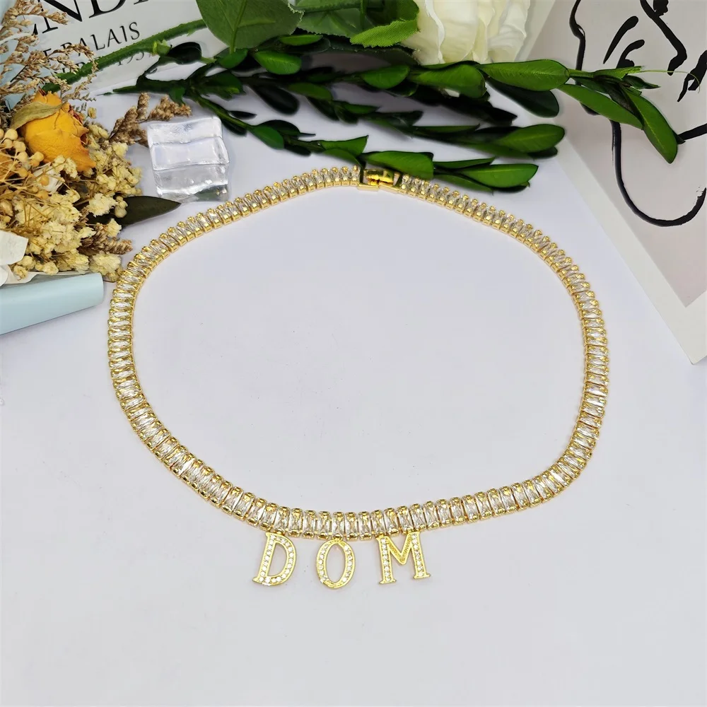 2023 Customize Wide Tennis Chain Necklace Luxury Zircon Personalize Name Initial Necklace For Women Party Jewelry Gifts