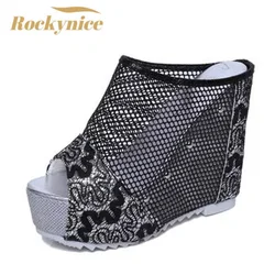 Summer Net yarn High heels 2022 New Women 12CM Wedges Sandals Platform Slippers Lace Increase Peep Toe Shoes Feminina Chaussures