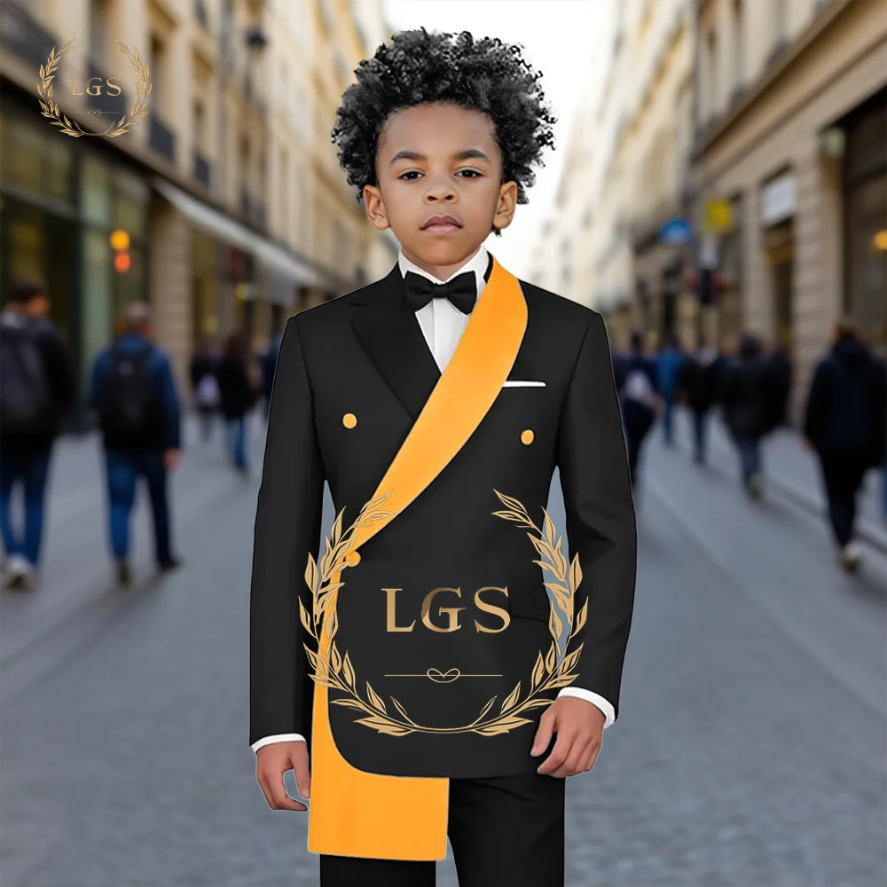 Boys' 2-piece suit with a stylish colorblock collar design, suitable for elegant parties and dinners. Customizable formal wear.