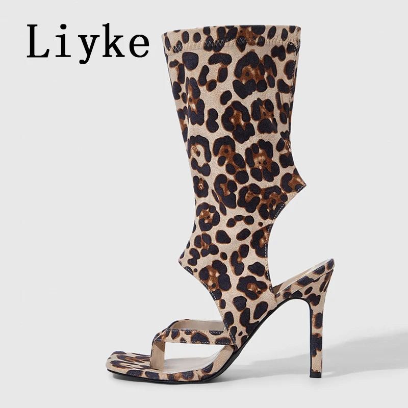 Liyke مثير ليوبارد طباعة المفتوحة تو كليب على الجوف خارج حذاء من الجلد النساء الجوارب الحديثة رقيقة عالية الكعب مضخات الحفلات حجم 42