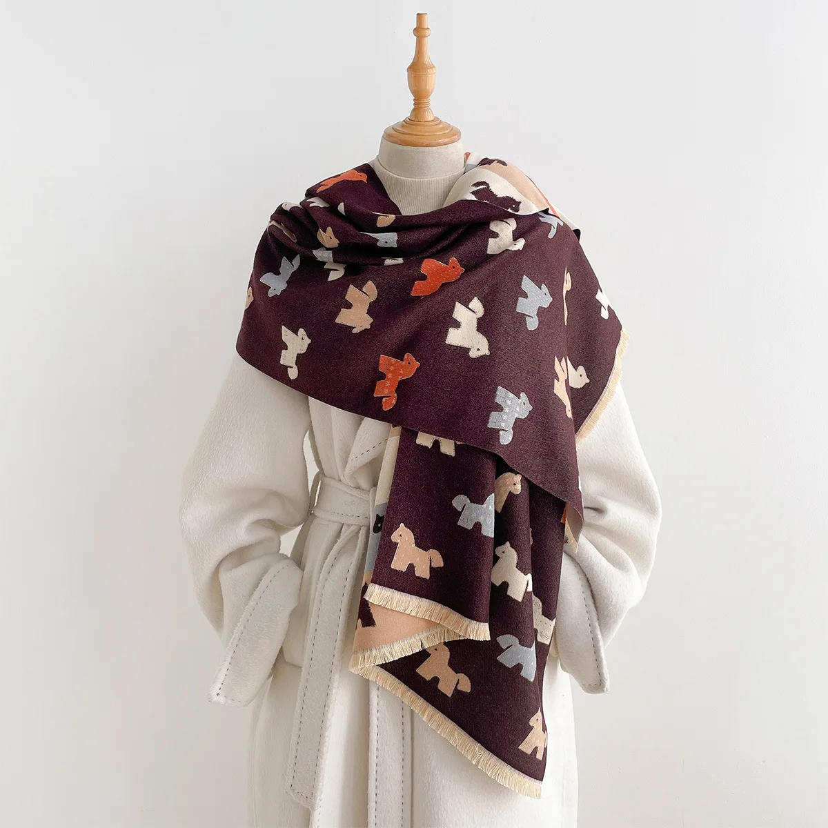 Fashion Double Face Faux Cashmere Long Scarf Cute Colorful Kitten Motif Fringe Shawl Soft Oversized Neck Wrap Versatile Layering