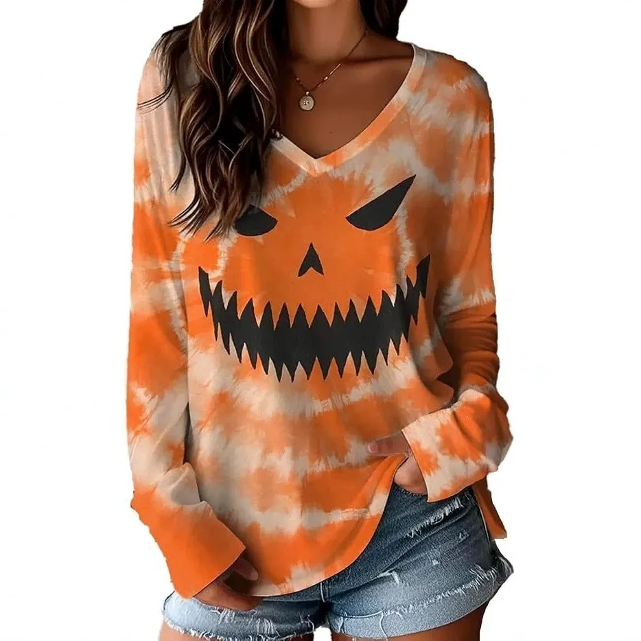 V Neck Printed Top with Long Sleeve Regular Length Elegant Socialite Style Daily Ladylike Autumn Outerwear Top for Women