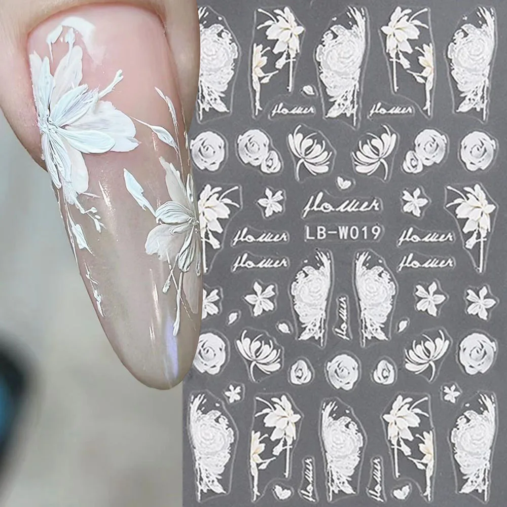 5D Embossed Flowers Nail Art Stickers Cold Floral Nail Decals White Flower Wedding Design Nail Art Supplies Manicure Decoration